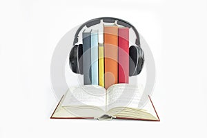 Group of books and headphones related to audiobooks with isolate