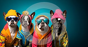 Group of Boston terrier dog puppy in funky Wacky wild mismatch colourful outfits on bright background