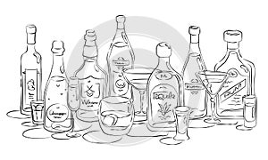 Group of bottles and glasses vodka, champagne, whiskey, vermouth, tequila, martini, rum in hand drawn style. Beverage outline icon