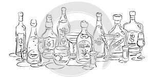 Group of bottles and glasses vodka, champagne, whiskey, vermouth, tequila, martini, rum, liquor in hand drawn style. Beverage