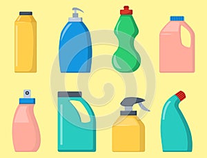 Bottles of household chemicals supplies cleaning housework liquid domestic fluid cleaner pack vector illustration.