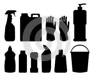 Group of bottles of household chemicals, supplies and cleaning, tools and containers for cleaning