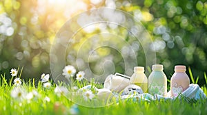 Group of Bottles on Lush Green Field