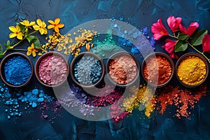 Group of bowls containing different colored powders, inspired by the Holi Festival of Colors