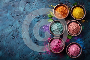 Group of bowls filled with different colored powders, showcasing the essence of the Holi Festival of Colors, copy space