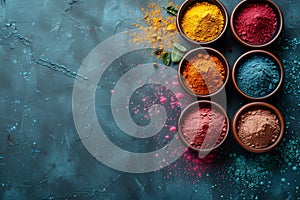 Group of bowls filled with various vibrant colored powders, Holi Festival of Colors, copy space