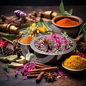 A group of bowls of spices and herbs