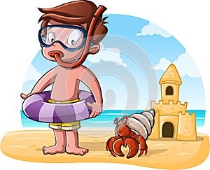 Group boy on the beach with a Hermit crab
