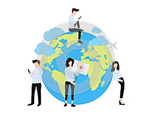 Group of boys and girls around globe flat poster