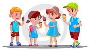 Group Of Boys And Girls Eating Ice Cream Vector. Sweet. Eating. Isolated Illustration