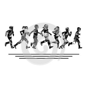 Group of boys and girls running silhouettes