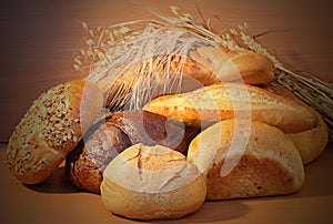 Group of bread and wheat spikes