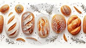 A group of breads and rolls arranged in a row on white background, AI