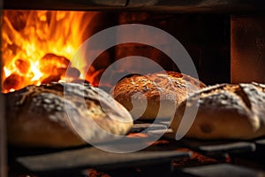 A group of breads sitting in an oven with a fire in the background, created by Generative AI