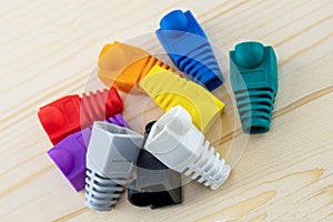 Group of bright cap for rj 45 to protect the cable close-up