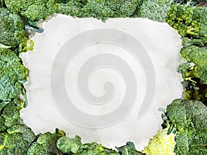 Group of Broccoli on ice background with space