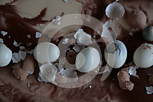 Boiled and broken eggs on the counter Huevos hervidos y rotos en la encimera photo