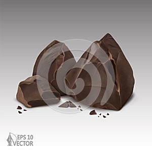 Group of broken chocolate pieces closeup, dark chocolate, cocoa, 3d realistic vector illustration