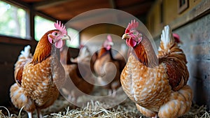 Group of brown chickens in a sunlit barn interior with straw bedding
