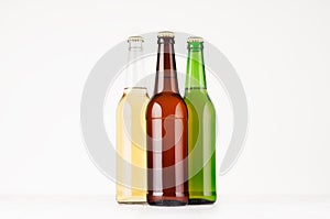 Group of brown, green, transparent longneck beer bottles 500ml, mock up.