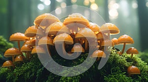 A group of brown mushrooms growing on moss in a forest