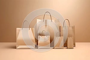 Group of brown paper shopping bags isolated on beige background, mock up, no brand, consumer and online shopping concept.