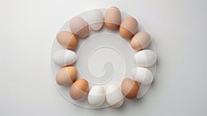 Group of brown and white eggs arranged in a circular pattern on a clean, white background