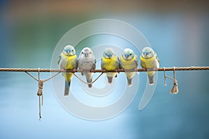 group of budgerigars perched on a rope swing