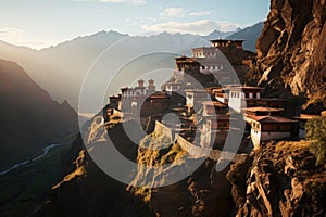 A group of buildings precariously situated on the steep slopes of a majestic mountain, A hillside monastery in the Himalayas, AI