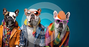 Group of bulldog dog puppy in funky Wacky wild mismatch colourful outfits isolated on bright background advertisement