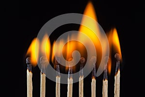 Group of burn and unburned matches, isolated on black background