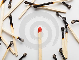 Group of burnt matches with one unused matchstick