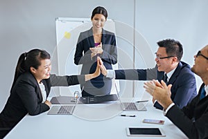 Group of business asian people hands clapping after meeting,Success presentation and coaching seminar at office