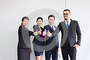 Group of business asian people hands tumb up after meeting,Success presentation and coaching seminar at office