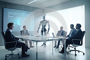 Group of business executives seated at a sleek, with a humanoid robot standing at the head of the table. Generative AI