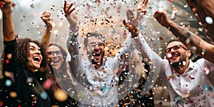 A Group Of Business Friends Celebrating A Victorious Moment With Confetti