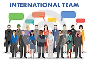 Group of business men and women standing together and speech bubble in flat style. Business team and teamwork concept