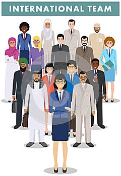 Group of business men and women standing together on white background