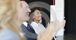 Group Of Business People Applauding At Conference Meeting, Seminar Listeners Greeting Speaker Clapping Hands In Office