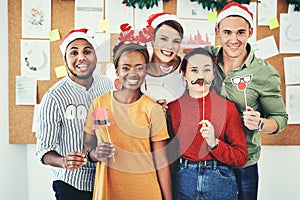 Group of business people, christmas portrait and celebrate festive together in interracial compamy office. Diversity