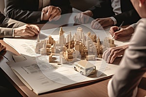 Group of business people discussing business plan at meeting, close-up, Business discussion on a working table, top section