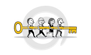 Group of business people holding big key forward to success. creative teamwork concept. isolated illustration outline hand