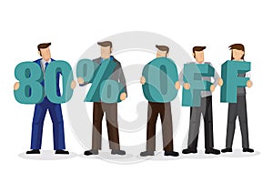 Group of business people holding giant alphabet to form 50 percentage off. Concept of promotion, teamwork or discount. Cartoon
