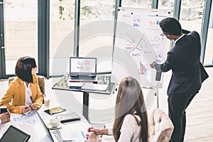 Group Of Business People Listening To Colleague Addressing Office Meeting. Young African man in suit showing financial