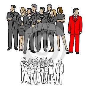 group of business people looking on the right except one in the red suit vector illustration. photo