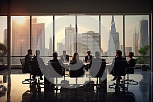 Group of business people in a meeting in a modern office with panoramic windows, Modern business conference in a boardroom, full