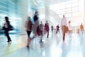 Group Of Business People Moving Quickly Through Bright Office Lobby In Long Exposure Shot