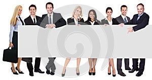 Group of business people presenting empty banner