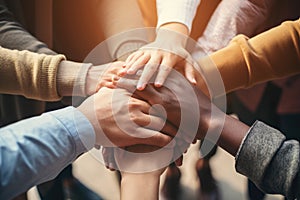 Group of business people putting their hands together on top of each other, A group of diverse hands holding each other in support