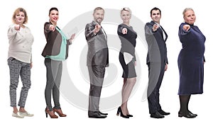 Group of business people showing finger at camera